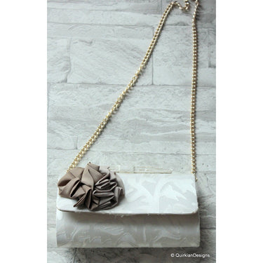 Wedding Party Clutch, Hard Body Purse, White Fabric Purse With Grey Flower Applique